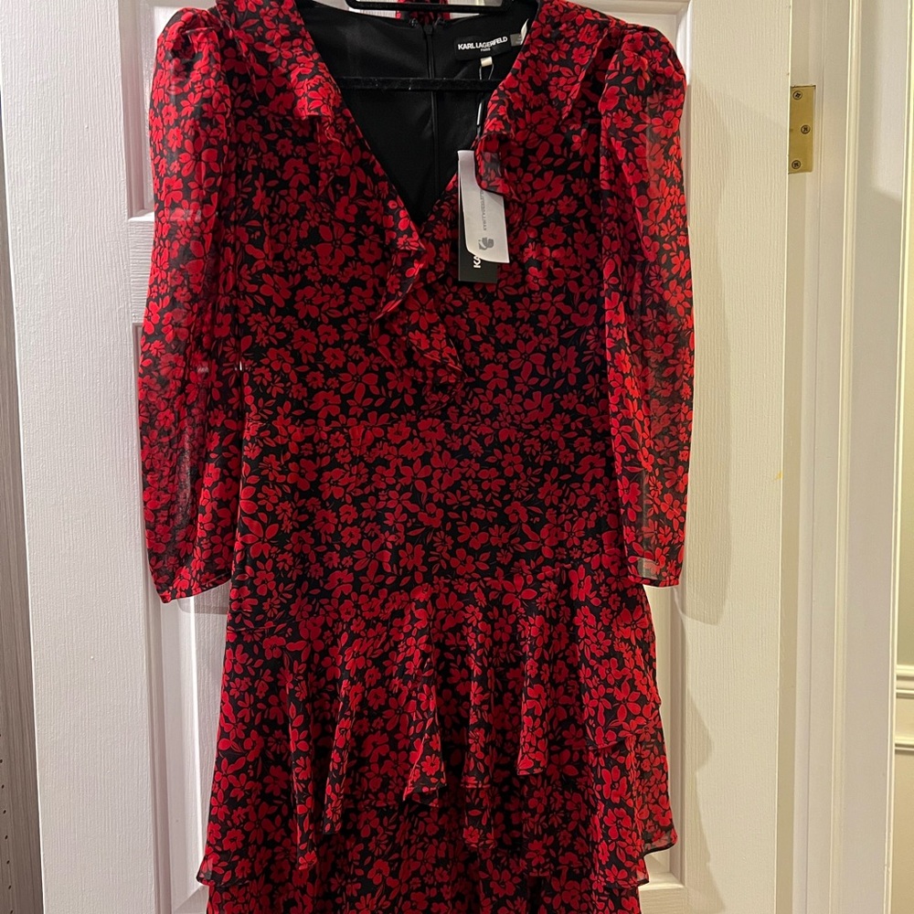 Karl Lagerfeld Floral Ruffle Faux Wrap Dress